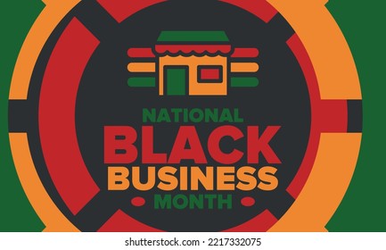 Black Business Month in August. Celebrated annual in United States. Support African American community. Black-owned businesses campaign. Poster, greeting card, banner, background. Vector illustration