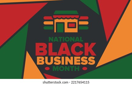 Black Business Month in August. Celebrated annual in United States. Support African American community. Black-owned businesses campaign. Poster, greeting card, banner, background. Vector illustration