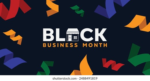 Black Business Month. Store and confetti. Great for cards, banners, posters, social media and more. Dark Blue background.