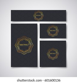 Black business stationery design template. Set of design elements for package design. Vector illustration. Card, banner, cover, brochure with geometric pattern and golden frame