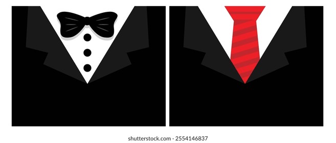 Black Business Suit with Bow and Tie Flat Style. Official office work wear for men vector art