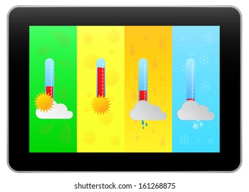 Black Business Tablet Similar To iPad Indicate Weather Forecast With Four Seasons Background