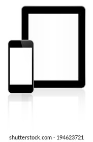 Black Business Tablet And Smart Phone Similar To iPad And iPhone With Reflection On White