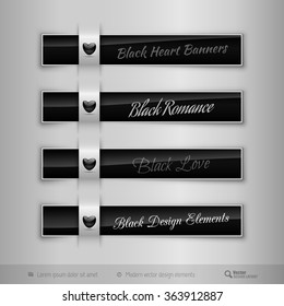 Black business tabs, ribbons, with black glossy heart. Modern vector design elements.