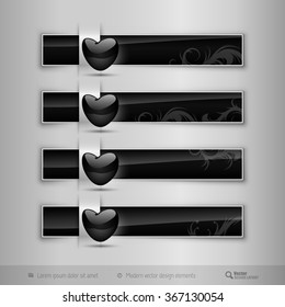 Black business tabs, ribbons, with black glossy heart. Modern vector design elements.