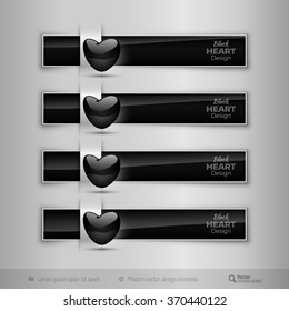 Black business tabs, ribbons, with black glossy heart. Modern vector design elements.