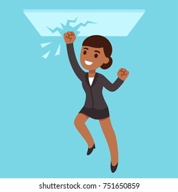 Black Business Woman Breaking Glass Ceiling. Successful People Of Color In Corporate Culture. Cartoon Vector Illustration.