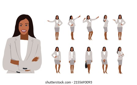 Black business woman cartoon character - set of vector illustrations in different poses front, side view. Success concept. Full length portrait of smiling young business lady standing in formal suit.