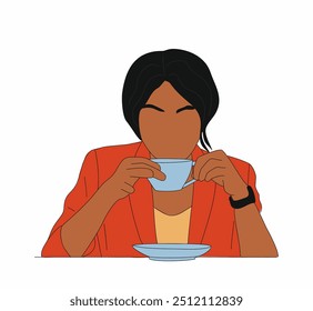 Black business woman drinking coffee, tea. African american girl sitting with cup of hot beverage drink. Colored outline vector illustration isolated on white background.