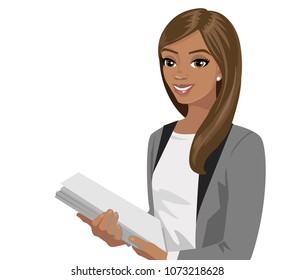 Black business woman holding files. Vector illustration isolated on white.