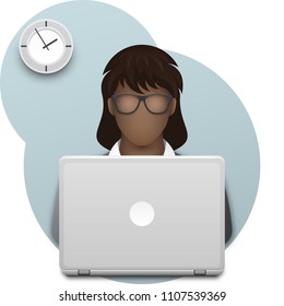 Black business woman or office worker in glasses with laptop. Successful young afro businesswoman dressed in a gray business suit, working on laptop in office against background of wall clock