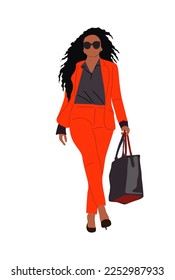 Black Business woman. Pretty african american, latin girl in stylish office outfit, red suit and high heels, with long curly hair and hand bag. Modern lady boss vector realistic illustration isolated.