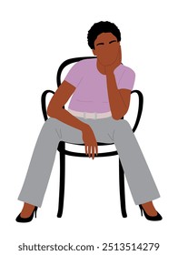 Mujer de negocios negra sentada en la silla. Personaje femenino afroamericano bonito en atuendo casual elegante moderno. Ilustración vectorial plana dibujada a mano aislada sobre fondo blanco