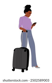 Black business woman standing with suitcase. Pretty african american holding mobile phone. Business travel concept flat vector illustration isolated on transparent background.