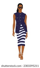Black business woman vector illustration. Attractive african american girl in fashionable smart casual office outfit walking. Pretty lady boss cartoon character Isolated on white background