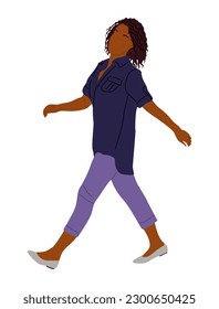 Black Business woman walking side view. Pretty african american girl in smart casual spring, summer street style outfit. Vector realistic illustration isolated on white background
