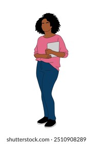 Mujer de negocios negra con atuendo casual de pie con tableta digital. Chica afroamericana bonita en traje de oficina. Ilustración vectorial de personaje femenino de dibujos animados aislado sobre fondo blanco.