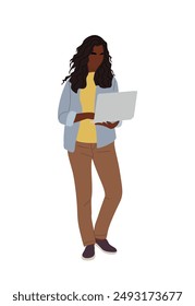 Black business woman working at laptop. Pretty african american girl wearing smart casual office outfit standing with computer. Vector realistic illustration isolated on twhite background.