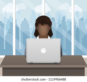 Black business woman working on laptop in an office on a cityscape background. Vector illustration