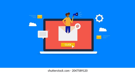Black businessman advertising through email strategy, Email marketing network, Email communication with customers - flat design vector illustration