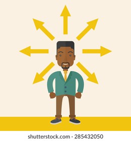 A black businessman being confused with too many directions, presenting with arrows, to make decision. A Contemporary style with pastel palette, soft beige tinted background. Vector flat design