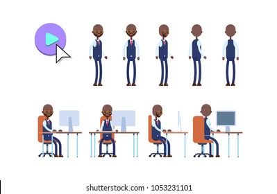 Black businessman. cartoon character animation kit. poses while standing and sitting
