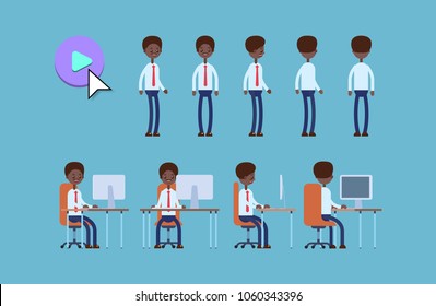 Black businessman. cartoon character animation kit. poses while standing and sitting