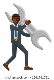 A black businessman cartoon character mascot man holding a big spanner wrench business concept 