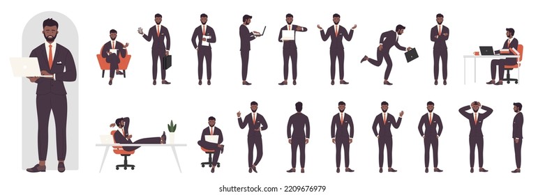 Black businessman character in various poses set vector illustration. Cartoon entrepreneur in suit sitting at table, office worker talking on lecture, presentation of commercial plan isolated on white