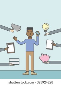 A black businessman confused having a lot to do. Vector line design illustration. Vertical layout with a text space.