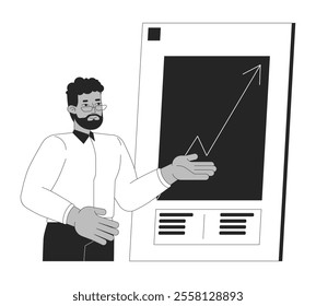 Black businessman demonstrating growth chart black and white 2D line character. African american salesman presenting financial graph isolated vector outline person. Monochromatic spot illustration