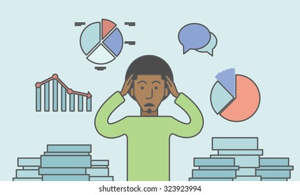 A black businessman with falling down chart is confused. Bankruptcy concept. Vector line design illustration. Horizontal layout with a text space.