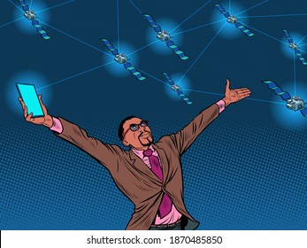 Black businessman and global satellite Internet. Pop art retro illustration 50s 60s kitsch vintage style