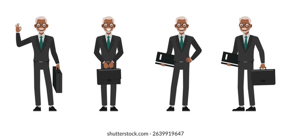 Black businessman in grey suit with glasses character design. Man holding documents and briefcase flat vector illustration.