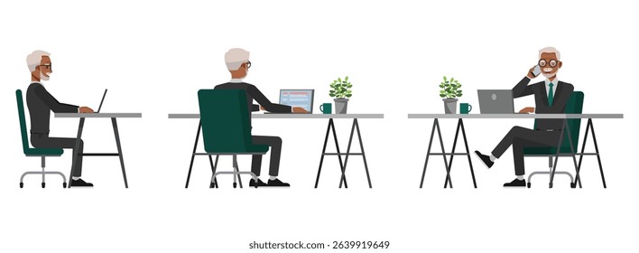 Black businessman in grey suit with glasses character design. Man working with laptop in office flat vector illustration.