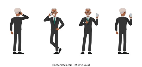 Black businessman in grey suit with glasses character design. Man using talk, play and watch mobile phone flat vector illustration.