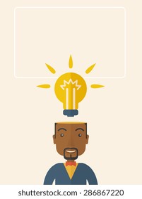A black businessman has a bright idea for marketing strategy with a bulb on his head. Human intelligence concept. A Contemporary style with pastel palette, soft beige tinted background. Vector flat