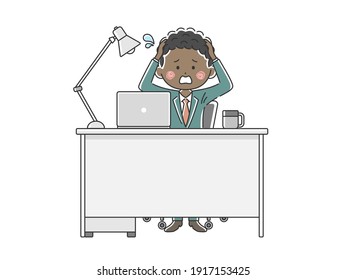 A black businessman holding his head at desk work.