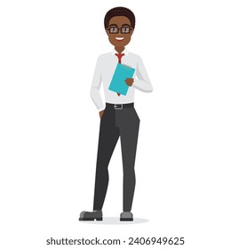 Black businessman holds clipboard. African male office worker with report cartoon vector illustration
