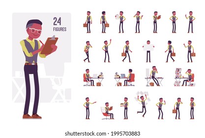 Black businessman, man, formal office workwear character set pose sequence. Manager, young handsome entrepreneur executive, business owner. Full length, different views, gestures, emotions, position