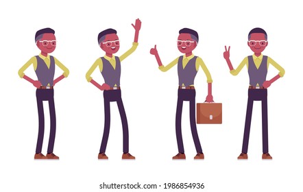 Black businessman, man in formal workwear, office outfit, standing pose. Successful manager, young entrepreneur executive, or owner. Vector flat style cartoon illustration isolated on white background