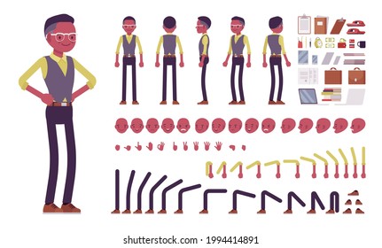 Black businessman, man in formal workwear, office outfit construction set. Manager, young handsome entrepreneur executive, or owner. Cartoon flat style infographic illustration, different emotions