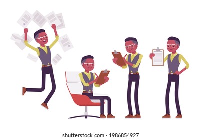 Black businessman, man in workwear, office outfit, working with documents. Successful manager, young entrepreneur executive, or owner. Vector flat style cartoon illustration isolated, white background