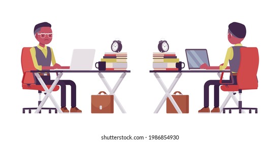 Black businessman, office man working with laptop at the desk. Successful manager, young entrepreneur executive, or owner. Vector flat style cartoon illustration isolated on white background