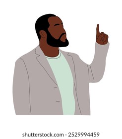 Black businessman pointing to the up with fingers. African american man showing with hands, gesturing. Vector Character for the presentation of goods or services. Isolated on white background	