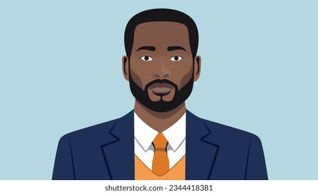 Black businessman portrait vector - Illustration of handsome man in sharp clothes, face and upper body, looking in camera with serious face expression. Flat design