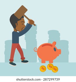 A black businessman standing while holding a hammer breaking piggy bank with dollar coins for financial assistance of his foreclosure business. Financial crisis concept. A contemporary style with