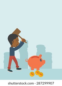 A black businessman standing while holding a hammer breaking piggy bank with dollar coins for financial assistance of his foreclosure business. Financial crisis concept. A contemporary style with