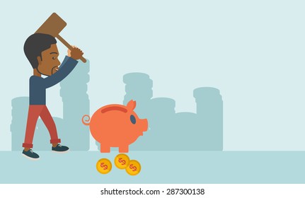 Um homem de negócios negro de pé enquanto segura um mealheiro que quebra o martelo com moedas de dólar para assistência financeira de seu negócio de execução. conceito de crise financeira. Um estilo contemporâneo com
