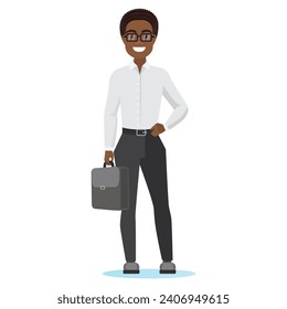 Black businessman with suitcase. African office manager cartoon vector illustration